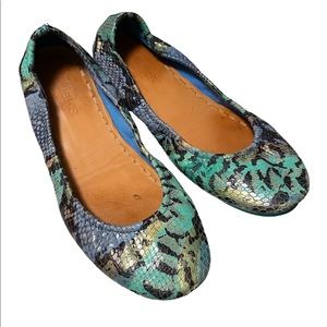 Tieks Size 8 Azure Blue Snake Print Leather Ballet Flats